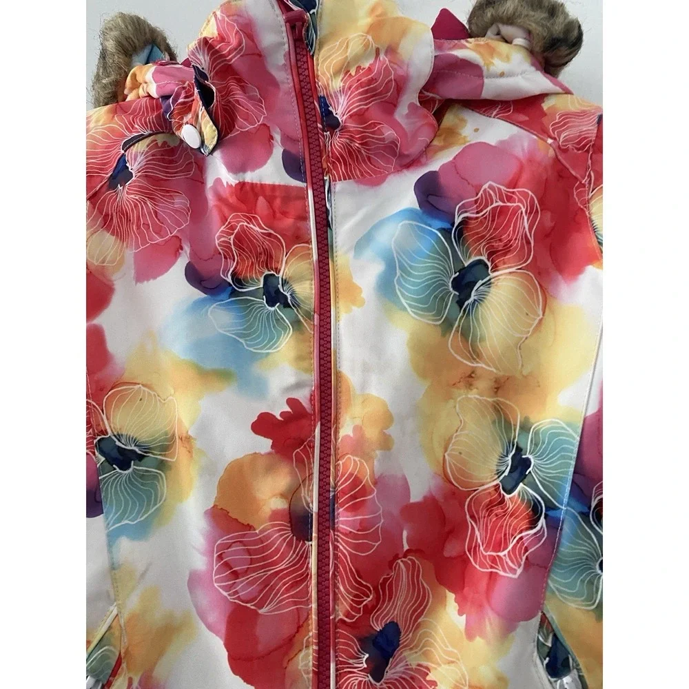 ROXY DryFlight 10K Girls Floral Snowboard Ski Jacket Faux Fur Hood Size 8 Small